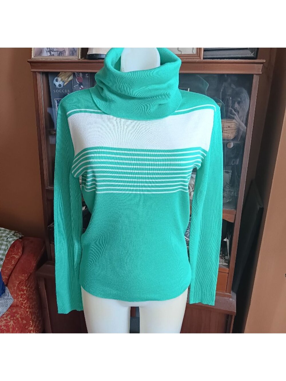 Turtleneck Sweater Large Vintage 70's Green White Striped Acrylic Wool Blend Mom